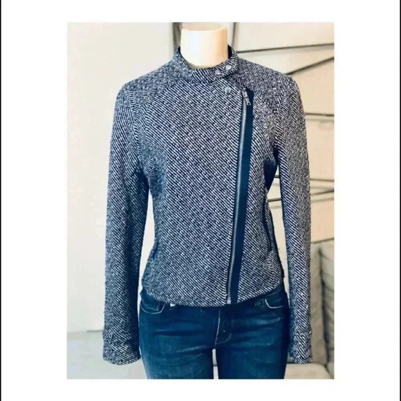 Gap Jacket Tweed Navy & White Herringbone Crew Neck Asymmetrical Size Small - Picture 2 of 7